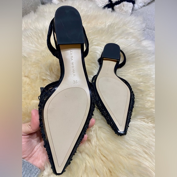 NWT Zara Black Tweed Bejeweled Slingback Flats - Picture 4 of 6